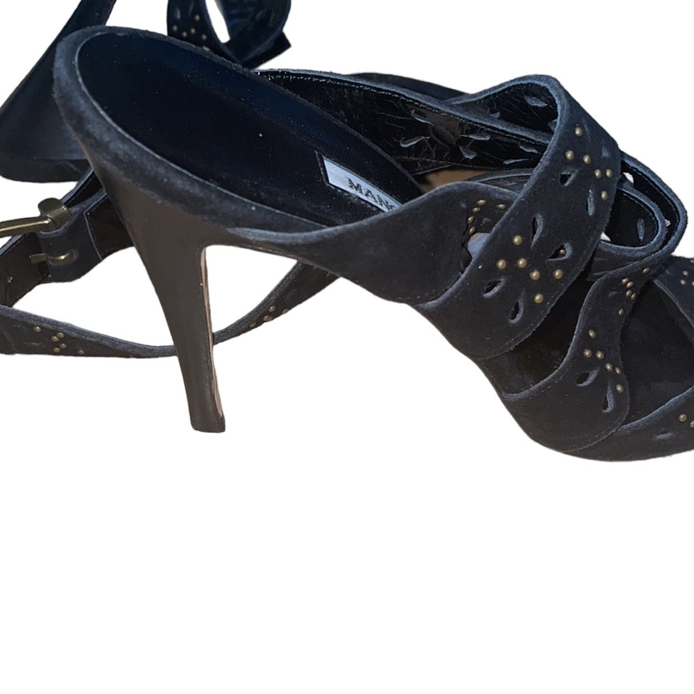 Like New Manolo Blahnik suede black gold studded sandals size 40.5 EU/9.…